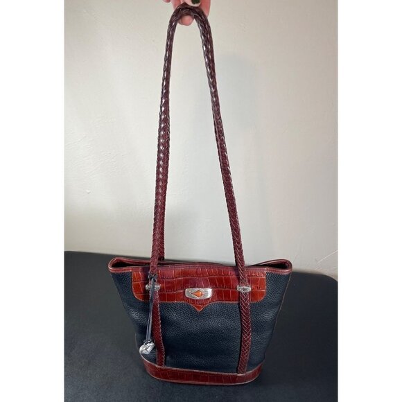 BRIGHTON Pebbled Black Leather Bucket Bag Purse Embossed Brown Croc Leather - Picture 2 of 16